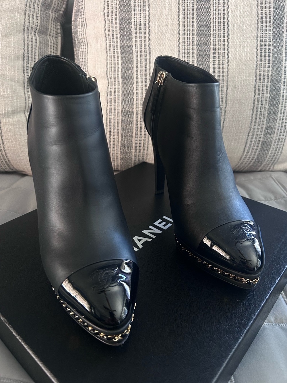 CHANEL Black Leather Peep-Toe Ankle Booties with Patent Cap Toe